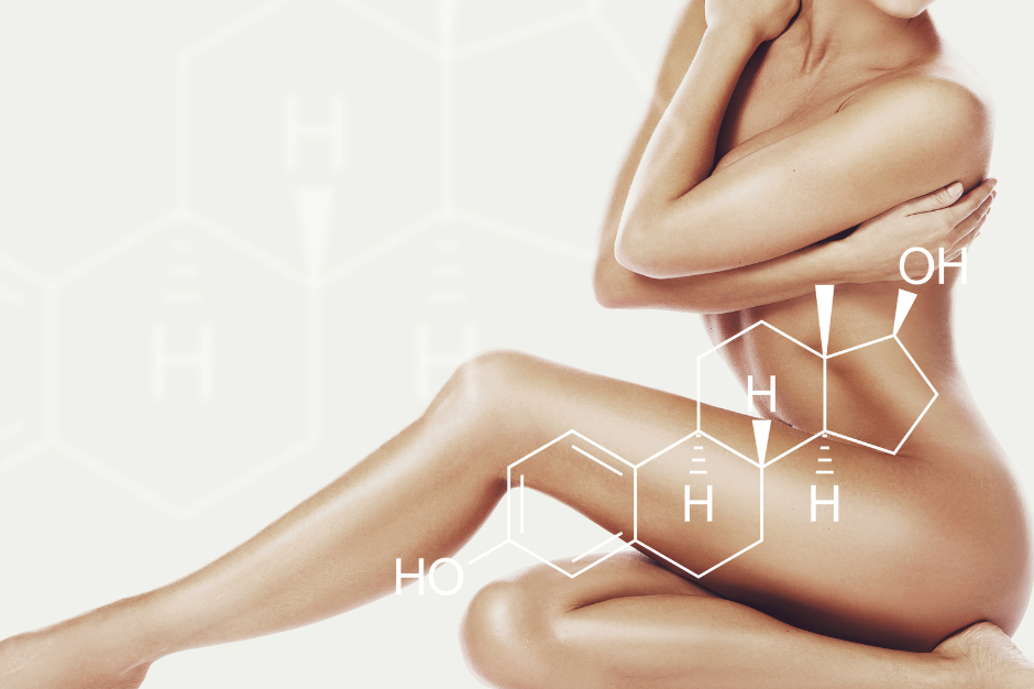 Frau mit chemischer Formel symbolisch zur Frage Verhindern Hormone Abnehmen?