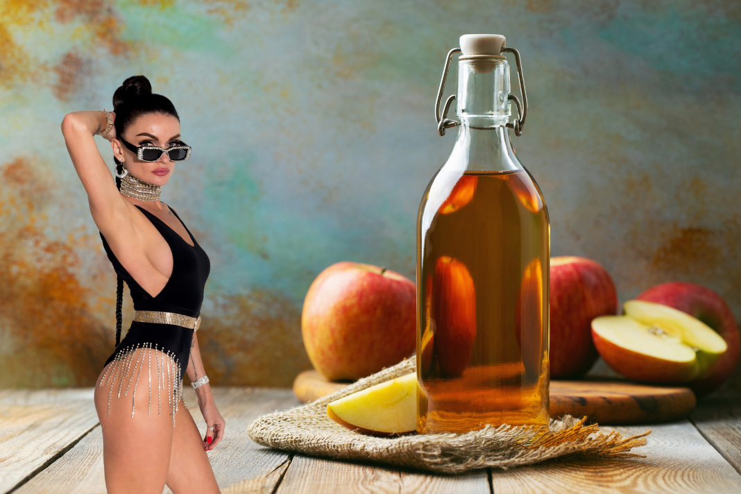 Abnehmen mit Apfelessig symbolisiert durch junge Frau und Apfelessig