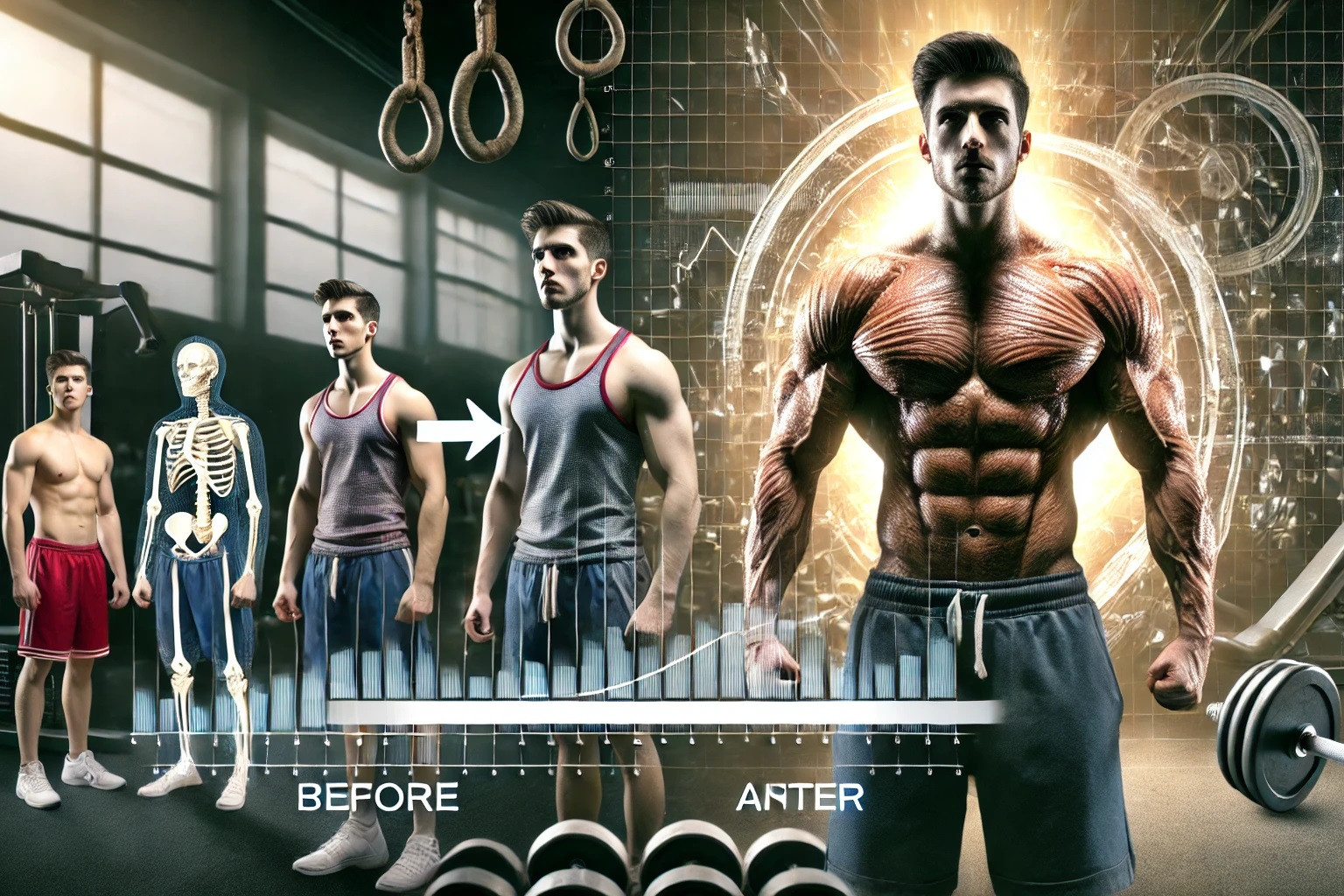 Breite Schultern - Animation Sportler Lauch transformiert zum Muskelmann