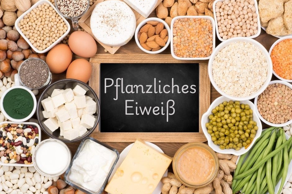 Pflanzliches Eiweiß als Kollage mit Körnern dargestellt