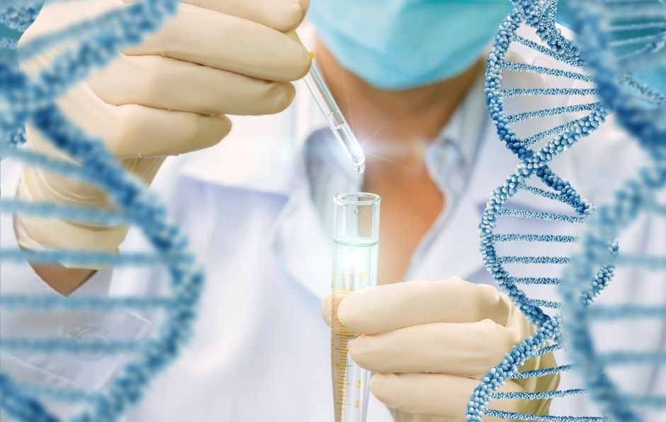 Personalisierte Ernährung dargestellt durch Labor mit Arzt und DNAs