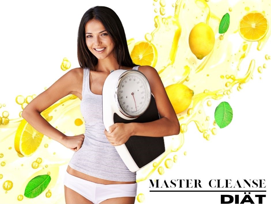 Master Cleanse Diät dargestellt von Frau mit Waage und Zitronenhintergrund