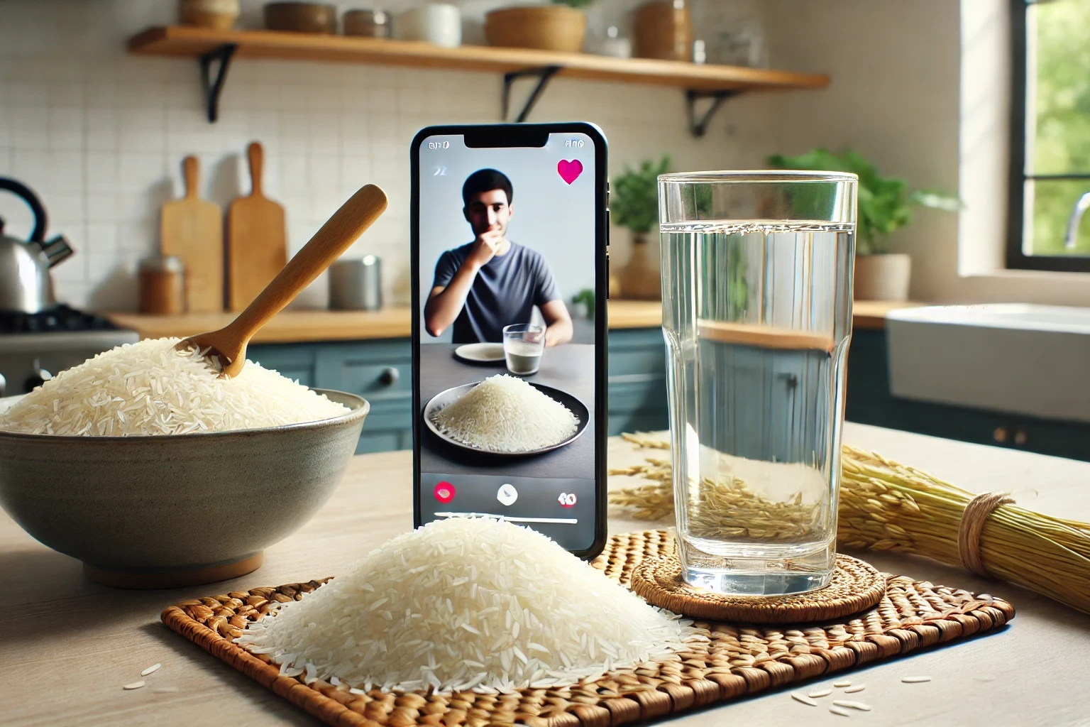 Ricezempic zum Abnehmen dargestellt von Reis, Wasser und einem TikTok Video auf Handy
