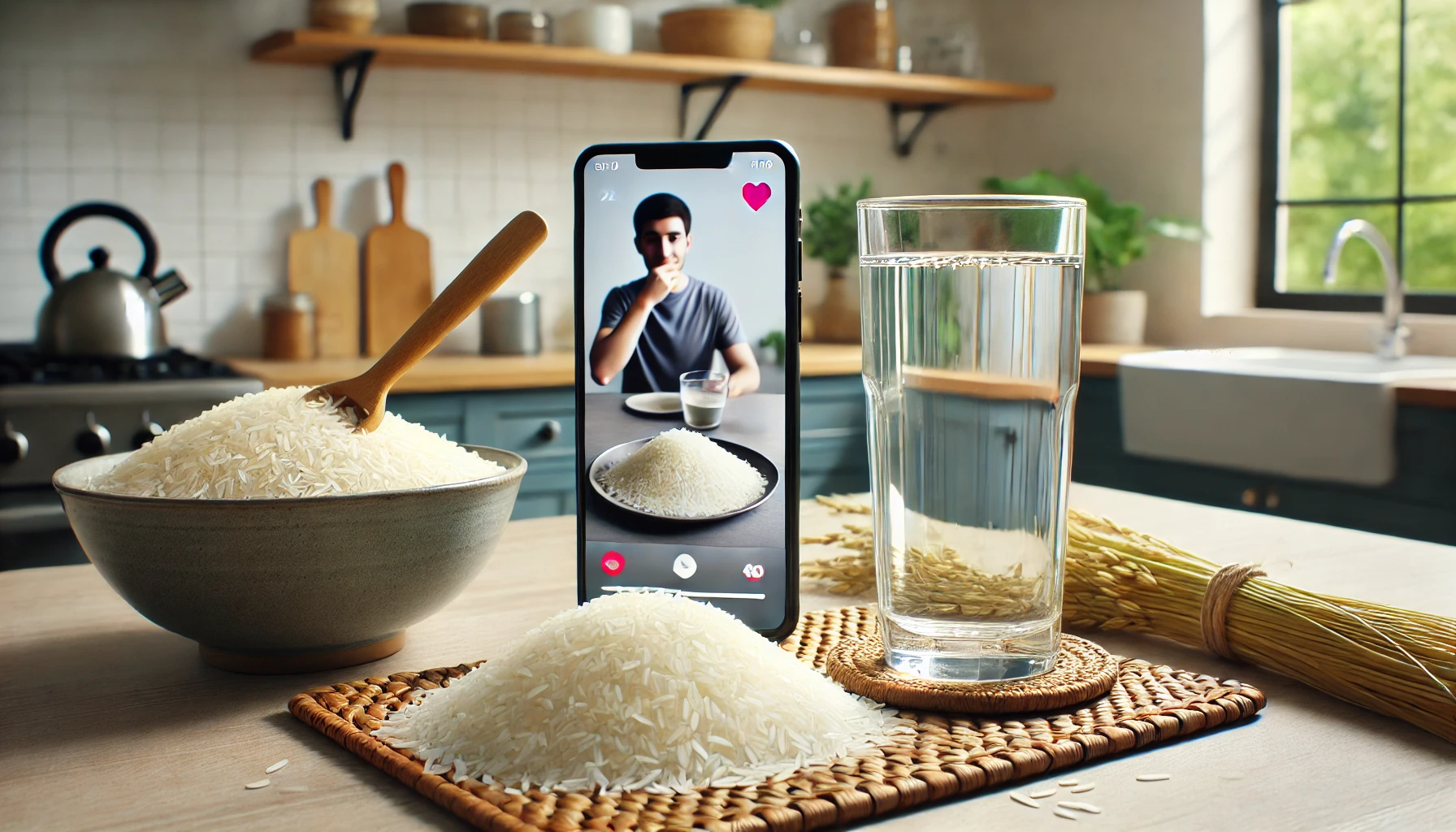 Ricezempic zum Abnehmen dargestellt von Reis, Wasser und einem TikTok Video auf Handy