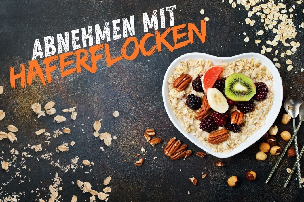 Abnehmen mit Haferflocken als Kollage dargestellt mit Flocken und Text