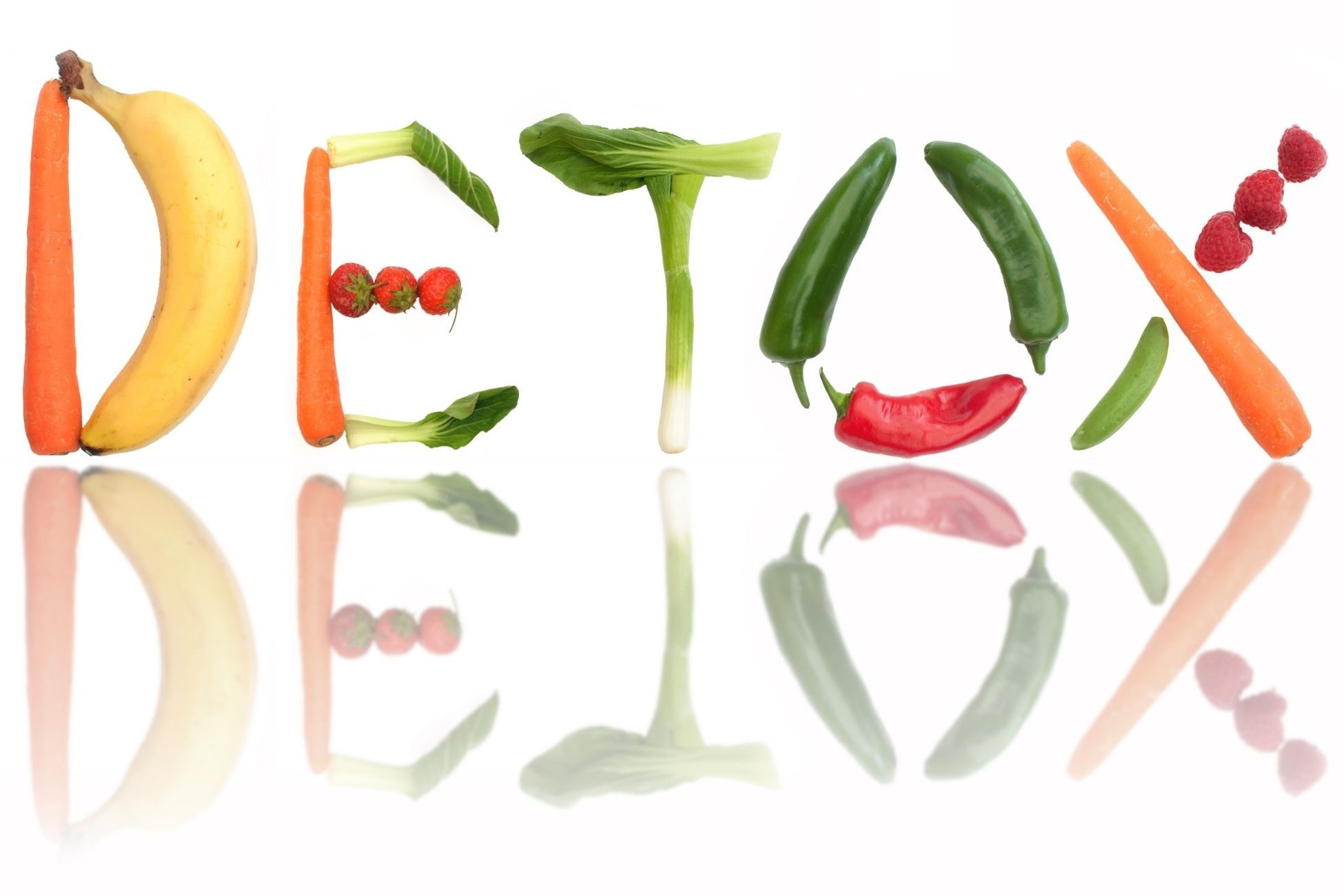 Dextox nach Feiertagen dargestellt von Kollage aus gesunden Lebensmitteln