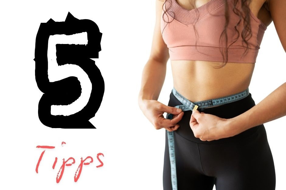Abnehmen beschleunigen Kollage mit 5 Tipps und schlanker Frau mit Maßband