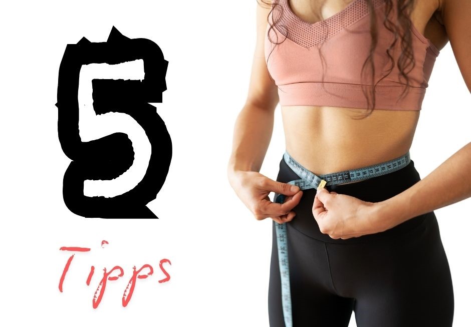 Abnehmen beschleunigen Kollage mit 5 Tipps und schlanker Frau mit Maßband